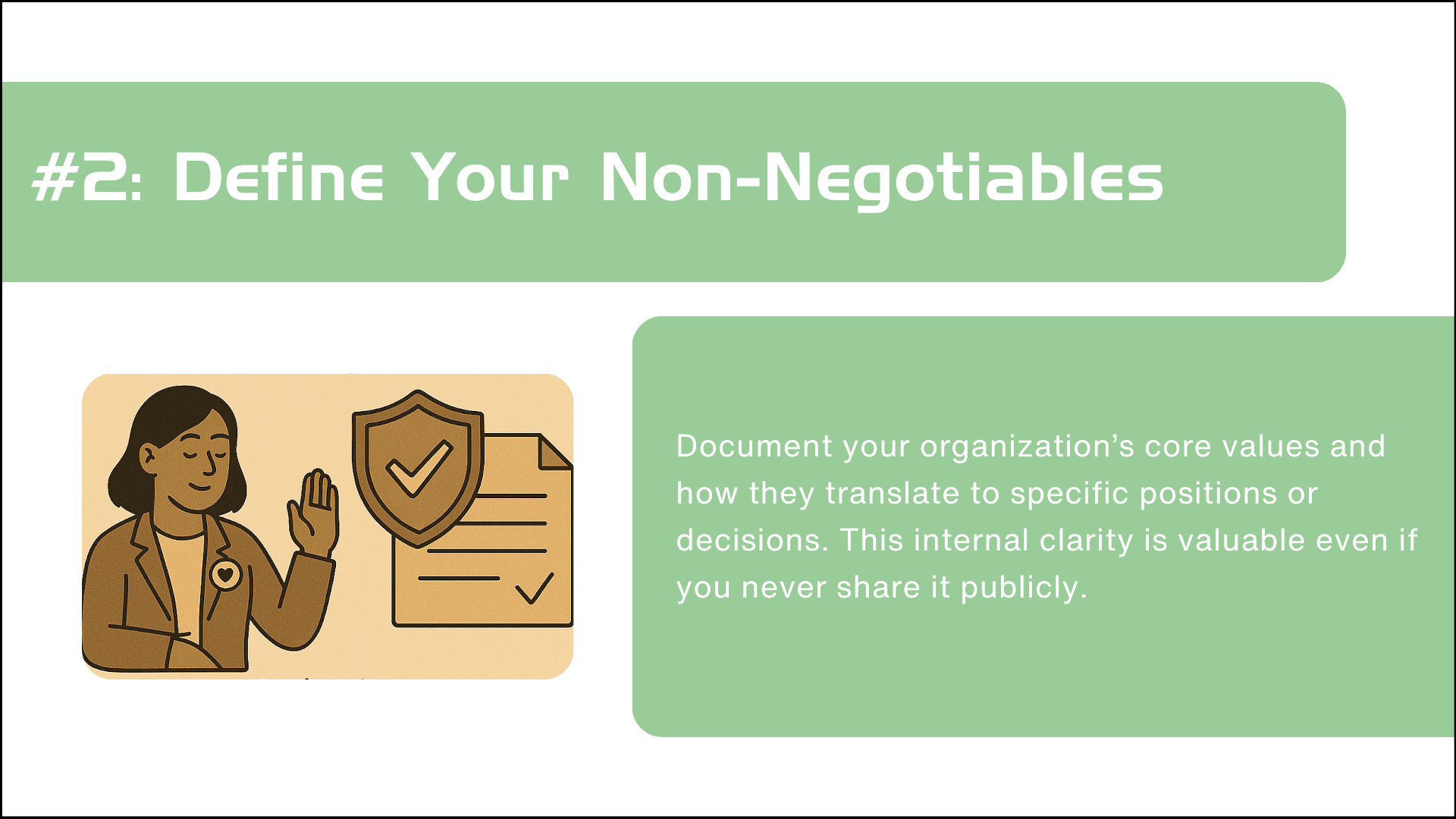 Step 2: Define your Non-Negotiables with an illustration of a person raising their hand to swear an oath next to a document that looks important